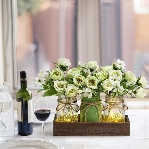 Vista 5 de 3 Piezas Centro de Mesa con Tarro de Conservas Decoraciones para Comedor, Mesa de Café de Granja con Bandeja de Madera y Luz LED, Centros de Mesa