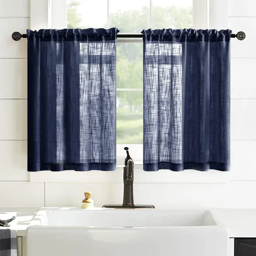 Vista 9 de Cortinas de cocina grises semitransparentes con privacidad, de lino texturizado, bolsillo con varilla, cortinas cortas de cafetería, valances