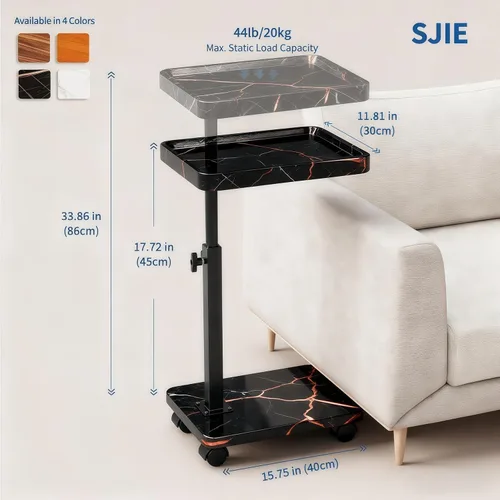 Vista 2 de Mesa C Mesa Auxiliar de Altura Ajustable, Mesa Bandeja de TV Giratoria 360° para Espacios Pequeños, Mesas Auxiliares con Ruedas para Sala de Estar