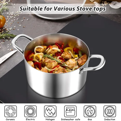 Vista 5 de E-far Olla de 4 cuartos de galón, olla de cocina de acero inoxidable de tres capas con tapa de vidrio y asas remachadas, olla de metal para pasta