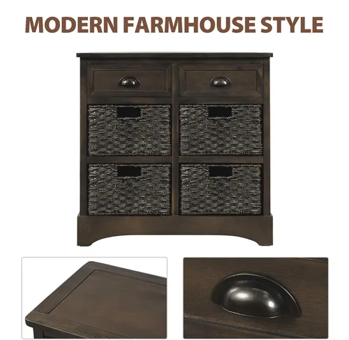 Vista 20 de P PURLOVE Armario de almacenamiento de estilo retro con 2 cajones de madera y 4 cestas de mimbre para el hogar, cocina, entrada, sala de estar