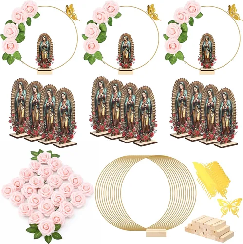 BreezeHug 12 centros de mesa de bautismo para centros de mesa para bautizo bodas, 12 piezas de madera, 12 aros florales con soporte, 24 rosas de