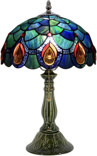 Tiffany Lamp Stained Glass Table Lamps Sea Blue Peacock Tail Style Desk Lamp 12X12X18.5 Inch Bronze Ceramic Base Reading Light Suitable for Bedside