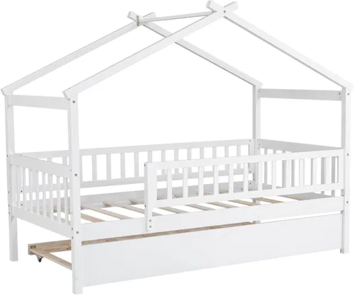 Vista 58 de Merax Cama de madera de tamaño individual con dos cajones, marco de cama de madera con techo para niños, adolescentes, niños o niñas, gris