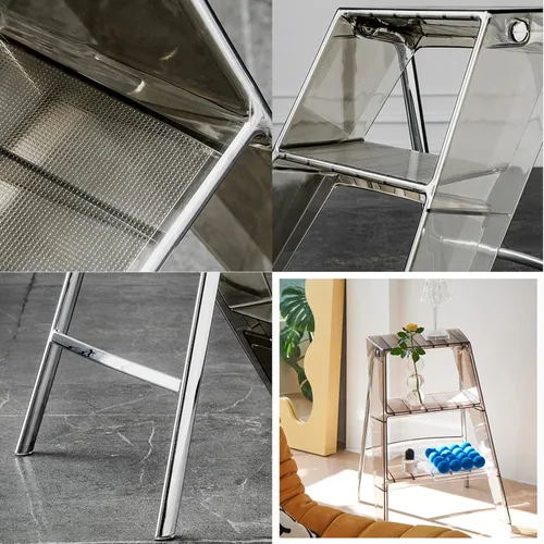 Vista 6 de Taburete de escalera de 3 escalones, escalera transparente, multifuncional, plegable, de acrílico, para el hogar, varios colores, escalera plegable