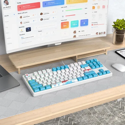 Vista 7 de Teclado mecánico 75% para juegos con interruptor rojo, teclado retroiluminado LED RGB blanco y azul, 87 teclas compacto TKL teclado de computadora