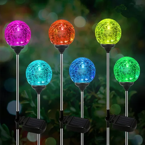Luces solares para exteriores, paquete de 6 luces LED solares de cristal agrietado de cristal, luz solar de bola de estaca que cambia de color, luz
