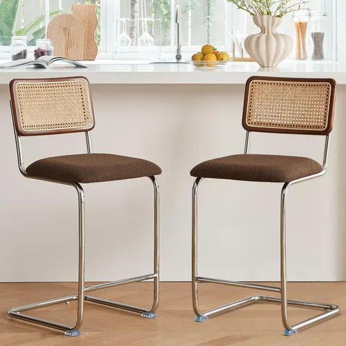 Vista 9 de Juego de 3 taburetes de ratán natural con respaldo de madera maciza, taburetes de bar Cesca modernos de mediados de siglo de 24 pulgadas, taburete