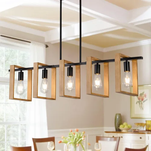 Vista 11 de Lámpara colgante de comedor de granja, para isla de cocina, rústica, 4 luces, madera y metal negro, lámpara rectangular para colgar en el techo