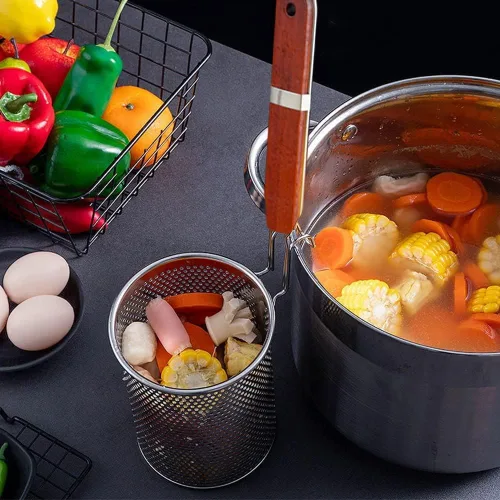 Vista 6 de TENTA KITCHEN 2 Piezas Colador de Pasta de Acero Inoxidable Micro-Perforado Con Mango, Colador de Fideos para Dumplings de Alimentos, Cesta Coladora