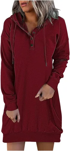 Huilaibazo Vestido con capucha y cuello de botón para mujer, casual, ligero, vestido tipo sudadera para invierno y otoño