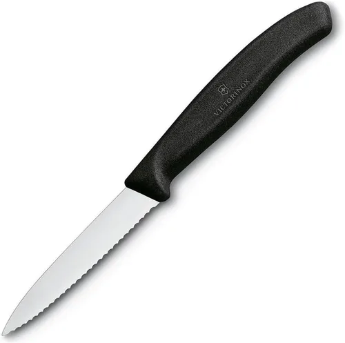 Victorinox Cuchillo de pelar clásico suizo de 3.25 pulgadas con borde dentado, punta de lanza, negro