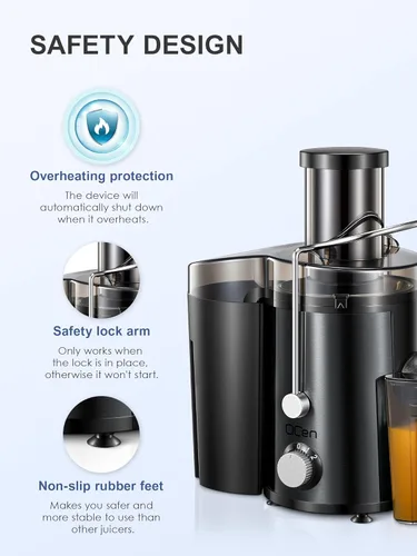 Vista 7 de Máquina exprimidora, extractor centrífugo de 800 W, con conducto de alimentación de boca ancha de 3 pulgadas para frutas y verduras, fácil de Negro