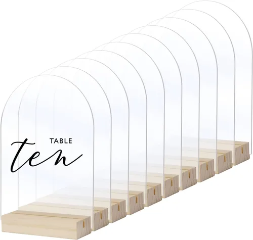 Vista 8 de Cartel de mesa de acrílico de arco negro con soporte de madera, paquete de 10 hojas acrílicas de arco en blanco con base, letrero arqueado