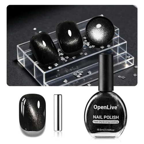 OpenLive - Esmalte de uñas de ojo de gato negro, 16.5 ml de esmalte de uñas de purpurina reflectante de secado rápido con barra magnética para