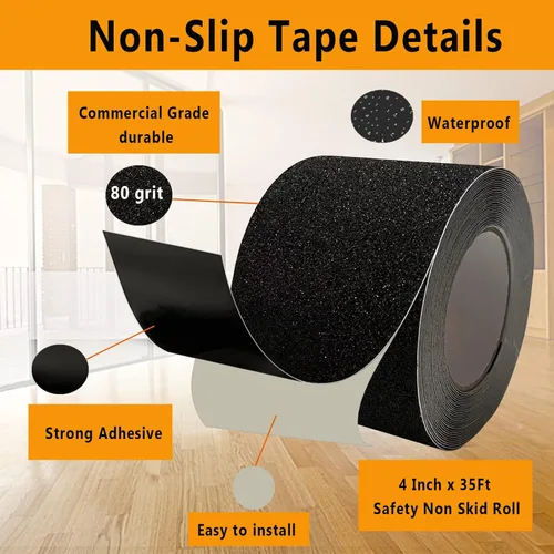 Vista 2 de Cinta antideslizante resistente, 4 pulgadas x 35 pies, cinta de agarre negra para escaleras al aire libre, impermeable, antideslizante, cinta