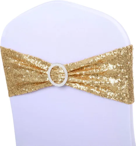 ANMINY Paquete de 50 bandas para sillas de lentejuelas con lazos, elásticas de elastano, decorativas, brillantes, para banquete, silla, funda