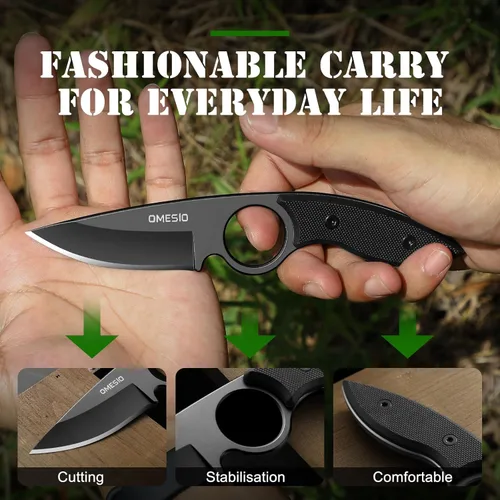 Vista 6 de Omesio Cuchillo pequeño de hoja fija, cuchillo táctico de caza y campamento con funda Kydex, acero inoxidable de espiga completa compacto EDC