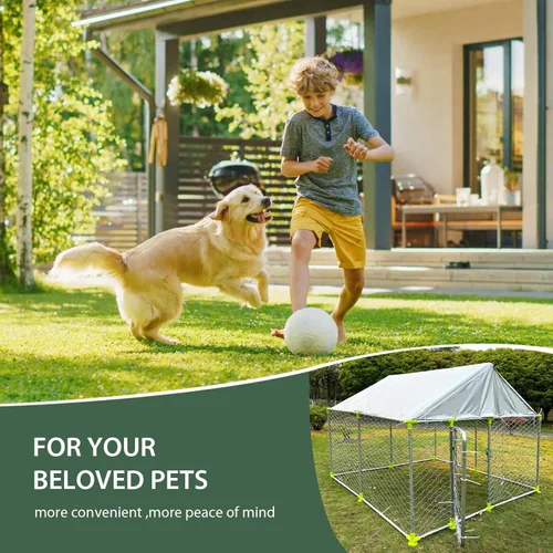 Vista 7 de Perrera grande para perros al aire libre, resistente con techo resistente a los rayos UV, cadena galvanizada con bloqueo seguro