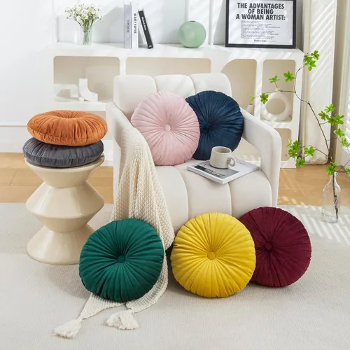 Vista 4 de Teieas - Almohada redonda de terciopelo plisada para decoración, cojín redondo para sofá, silla, cama, coche, burdeos