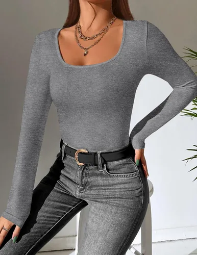 Vista 2 de Ekouaer Camisa de manga larga para mujer, cuello redondo, ajustada, básica, térmica, capa base, tallas XS-XXL