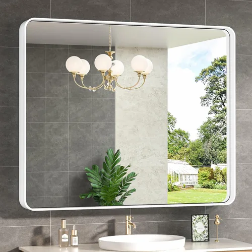 Vista 16 de TokeShimi Espejo de pared de baño de níquel cepillado de 20 x 30 pulgadas, marco de metal, esquina redonda, rectangular, para decoración del hogar