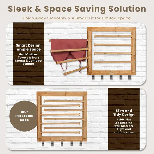 Vista 3 de Estante de secado de bambú para montaje en pared para lavandería, secadora de ropa plegable con 8 brazos y 5 ganchos, ahorro de espacio, 20 Natural