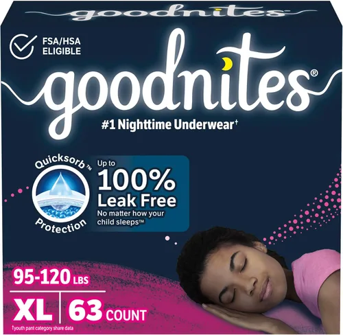 Vista 27 de Goodnites Ropa interior nocturna para niñas, talla XXL (120-165 libras), 54 unidades, el embalaje puede variar