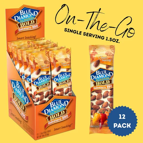 Vista 5 de Blue Diamond Bold Almendras, barbacoa Habanero, tubos de 1.5 onzas, 12 tubos cada caja