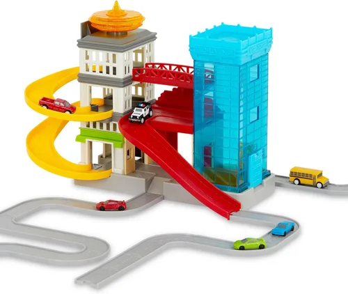Vista 14 de Driven by Battat – Set de pista de carreras de 80 piezas y taller de autos con mini autos – Juego de juguete plegable con elevador, señales