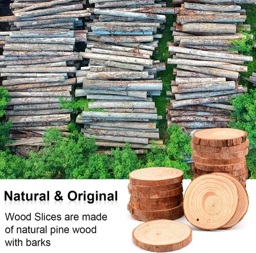 Vista 8 de Philorn Rebanadas de madera, 50 unidades de discos de madera de 2.4 a 2.8 pulgadas para manualidades, rebanadas de madera natural preperforadas sin