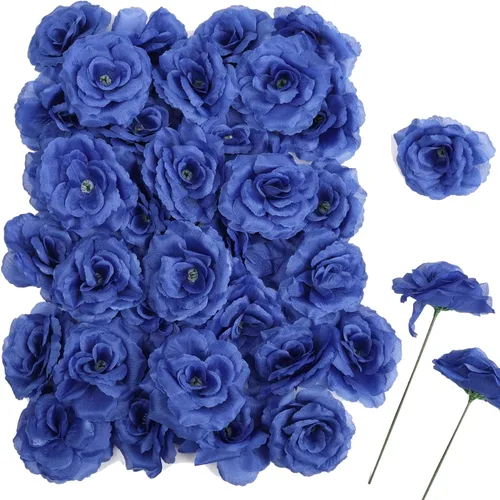 50 cabezas de rosas artificiales de seda a granel para bricolaje, baby shower, ramos de boda, centros de mesa, arreglos decorativos, azul rey