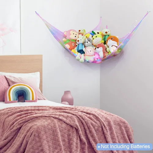 Vista 6 de Basumee Red de animales de peluche o hamaca con luz LED, hamaca de red de juguetes para almacenamiento de animales de peluche, hamacas