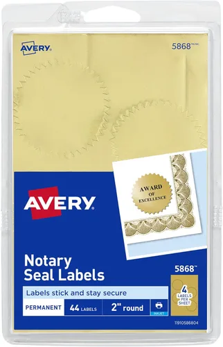 Avery Etiquetas para sello notario, 2.0 in de diámetro, sellos de certificado de oro imprimibles, inyección de tinta, 44 sellos dorados en total