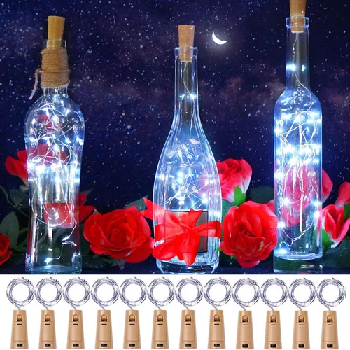Vista 12 de SmilingTown 12 paquetes de 20 luces LED para botellas de vino con corcho - Cadena de luces de hadas de alambre plateado, luces de corcho operadas