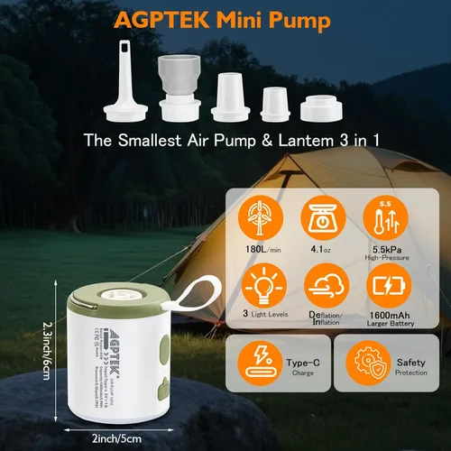 Vista 2 de AGPTEK Portable Air Pump for Inflatables, 5.5kPa 1600mAh Tiny Rechargeable Electric air Pump with Led Light for Air Mattress Pool Floats, Vacuum
