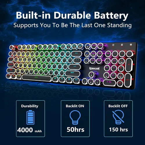 Vista 5 de Redragon K710 Teclado mecánico inalámbrico para juegos estilo máquina de escribir, Bluetooth2.4Ghzcableado, retroiluminación RGB, recargable