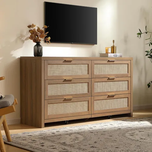 Vista 7 de SICOTAS Cómoda de ratán para dormitorio, cómoda de 57 pulgadas de ancho con 6 cajones con amplio almacenamiento, cómoda grande, armario, soporte