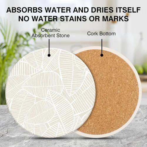 Vista 2 de Juego de 2 posavasos de mesa absorbentes de cerámica, resistentes al calor, con base de corcho, diseño de hojas para proteger los muebles
