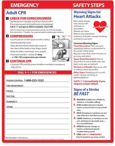 Safety Magnets by ZOCO - Imán para nevera con signos de advertencia de RCP para adultos, ataque cardíaco y accidente cerebrovascular - Tabla de