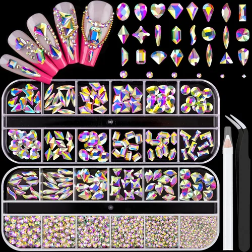 Vista 21 de Kit de pedrería para uñas BELLEBOOST, 15ml de pegamento de gel con strass + gemas coloridas + cristales de vidrio flatback AB y gemas transparentes
