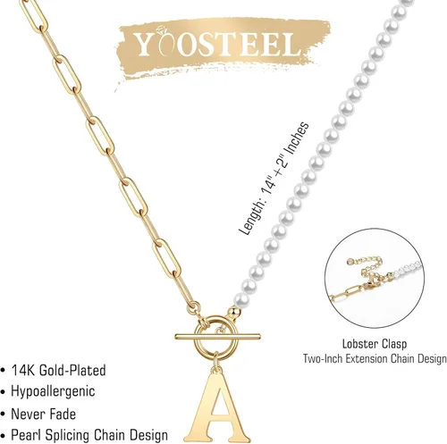 Vista 6 de Collar de perlas con inicial de oro para mujer, chapado en oro de 14 quilates, collar de cadena de eslabones con clip, collar con cierre de palanca