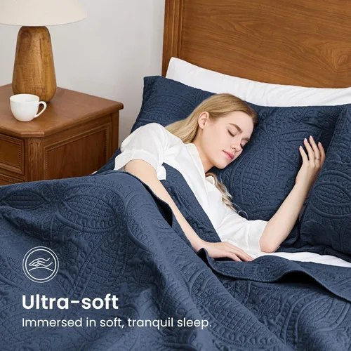 Vista 4 de Love's cabin - Juego de edredón tamaño King, color azul marino, colcha de verano, microfibra ligera, estilo moderno de moneda, para todas