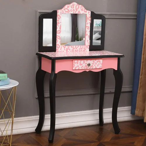 Vista 5 de Juego de tocador y taburete para niños con espejo, tocador de maquillaje de princesa 2 en 1 con cajón y parte superior desmontable, tocador