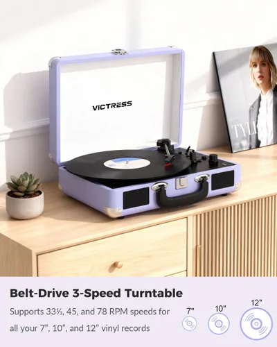 Vista 5 de Suitcase - Tocadiscos Bluetooth, reproductor de discos de vinilo portátil con altavoces estéreo integrados, tocadiscos retro de 3 velocidades