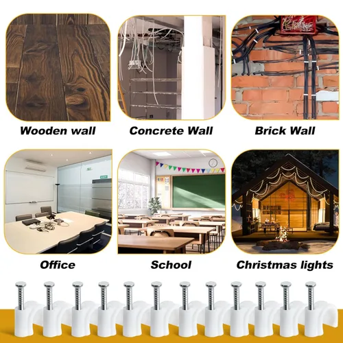 Vista 3 de Clips de alambre para cables – 100 clips de cable blancos de 0.315 in y 0.394 in de alambre de pared para manejo de cables con clavos de acero