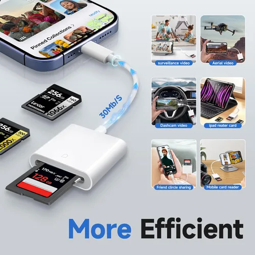 Vista 7 de (Certificado MFi de Apple) Lector de cámara de tarjetas Lightning a SD para iPhone, visor de cámara de rastro, adaptador de lector de tarjetas