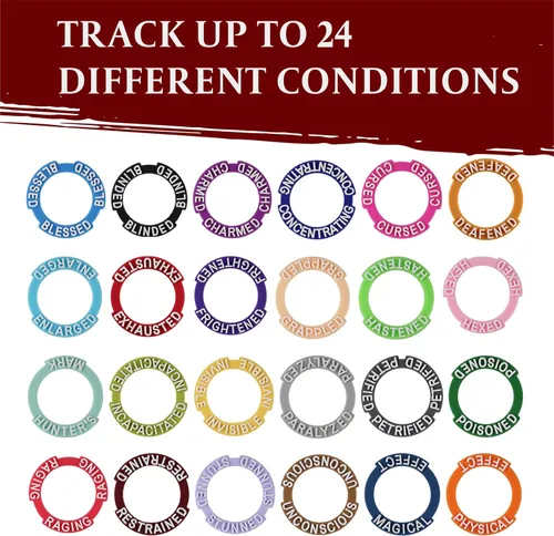 Vista 2 de Marcadores de Condición en Miniaturas DND - 96 Anillos para Rastrear 24 Diferentes Estados y Efectos de Hechizos para Miniaturas de RPG/DND como