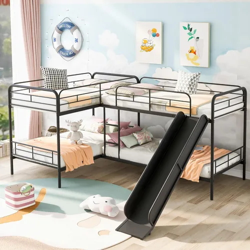 Vista 16 de Bellemave Literas triples, literas en forma de L de tamaño individual sobre cama matrimonial adjunta a una cama alta con escritorio, literas triples