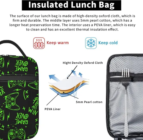 Vista 4 de Bolsa de almuerzo con joystick de juego verde, bolsa de almuerzo aislada, contenedor de comida para escuela, trabajo, picnic, viajes